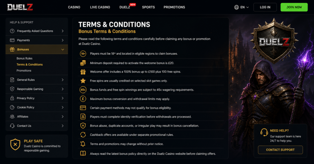 Duelz Casino Terms & condition Page